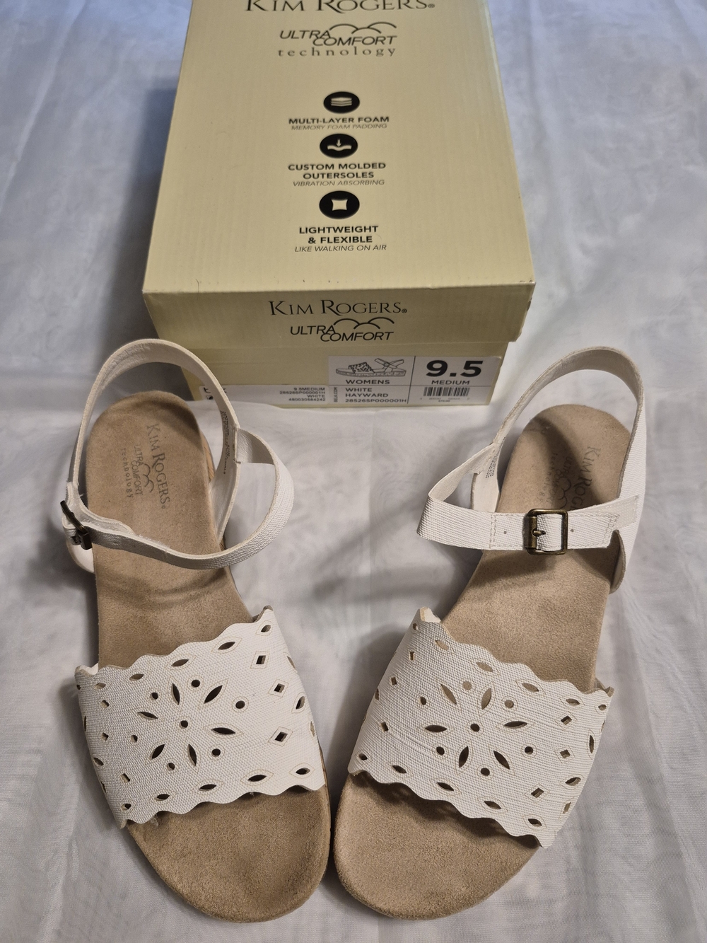 Kim Rogers Size 9.5 Women's White Perforated Ankle-Strap Sandals